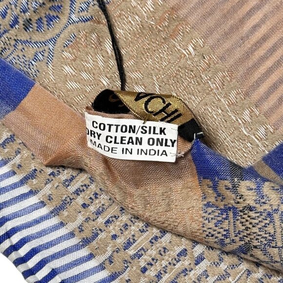 NWT Saachi Large Scarf Silk Blend Tan Blue Brocade Stripes Fringe Boho Lagenlook - Picture 9 of 12